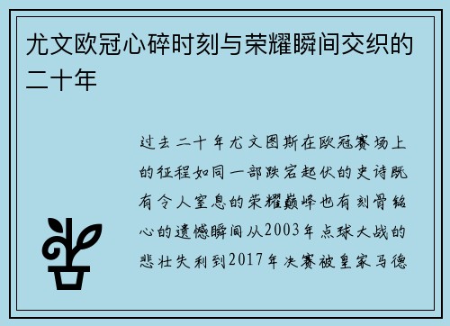 尤文欧冠心碎时刻与荣耀瞬间交织的二十年