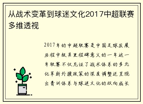 从战术变革到球迷文化2017中超联赛多维透视