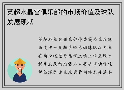英超水晶宫俱乐部的市场价值及球队发展现状