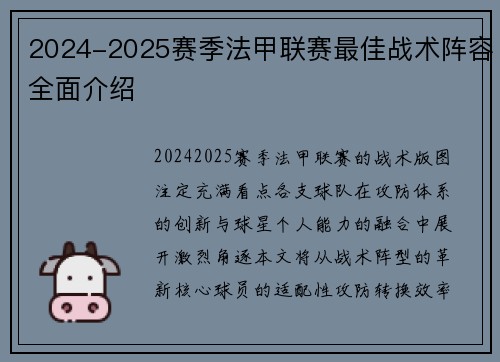 2024-2025赛季法甲联赛最佳战术阵容全面介绍